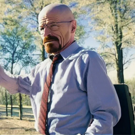 Prompt: movie still of happy Walter White holding a Nintendo Switch