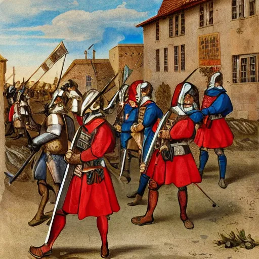 Image similar to line of renaissance soldiers in brightly colored uniforms with halberds as musketeers fire behind them, they are in a tight street surrounded by medieval stone buildings, dying earth, illustration, rpg