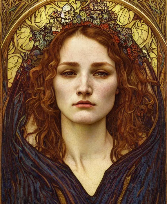 Image similar to detailed realistic beautiful young medieval queen face portrait by jean delville, alphonse mucha, vincent van gogh, and marco mazzoni, art nouveau, symbolist, visionary, gothic, pre - raphaelite