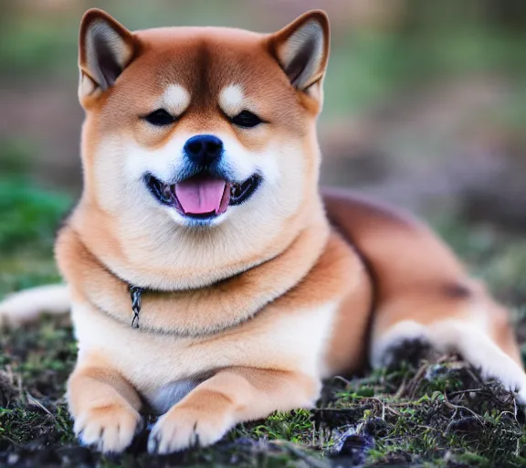 Image similar to a portrait of shiba inu with a mushroom cap growing on its head. intricate. lifelike. soft light. sony a 7 r iv 5 5 mm. cinematic post - processing