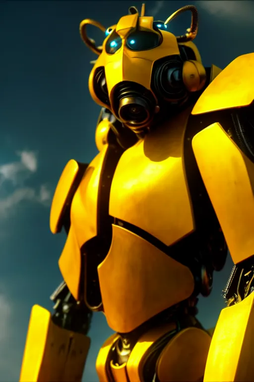 Prompt: a cinematic still from bumblebee movie, yellow mech, humanoid servo, octane render, nvidia raytracing demo, masterpiece, aged armor plating, aggressive head,