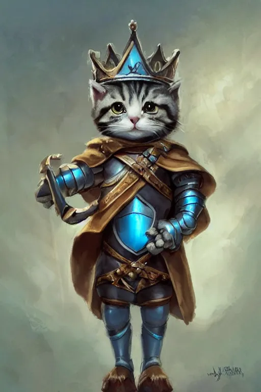 Image similar to cute little anthropomorphic cat knight wearing a cape and a crown, tiny, small, miniature cat , baby animal, short, pale blue armor, cute and adorable, pretty, beautiful, DnD character art portrait, matte fantasy painting, DeviantArt Artstation, by Jason Felix by Steve Argyle by Tyler Jacobson by Peter Mohrbacher, cinematic lighting