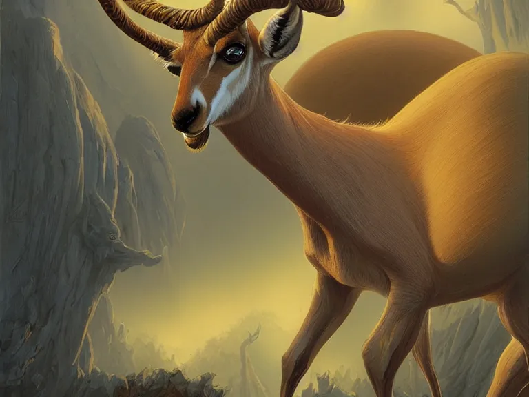 Prompt: An antelope with many large yellowish leathery, rounded convex tumors, sacs, and humps of various sizes growing on its spine. Concept art, extremely high detail, details, fantasy art, cinematic, art by Greg Broadmore, Boris Vallejo