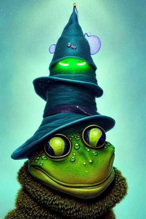 Image similar to Bioluminescent, portrait of frog wearing wizard hat, very intricate , trending on artstation , very elegant, in the golden hour by Daniel Merriam, Trending on Artstation, oil on Canvas by Elena Zhurikhina and Goro Fujita and Charlie Bowater, octane render, 4k, 8k, HD