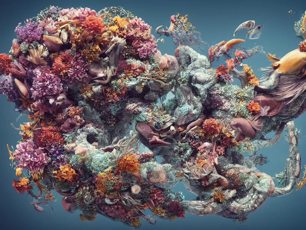 Image similar to a sculpture of fish ocean intertwined, a lovely cornucopia of flowers and human body parts, body parts, highly detailed, octane render, cinematic, shock, sharp focus