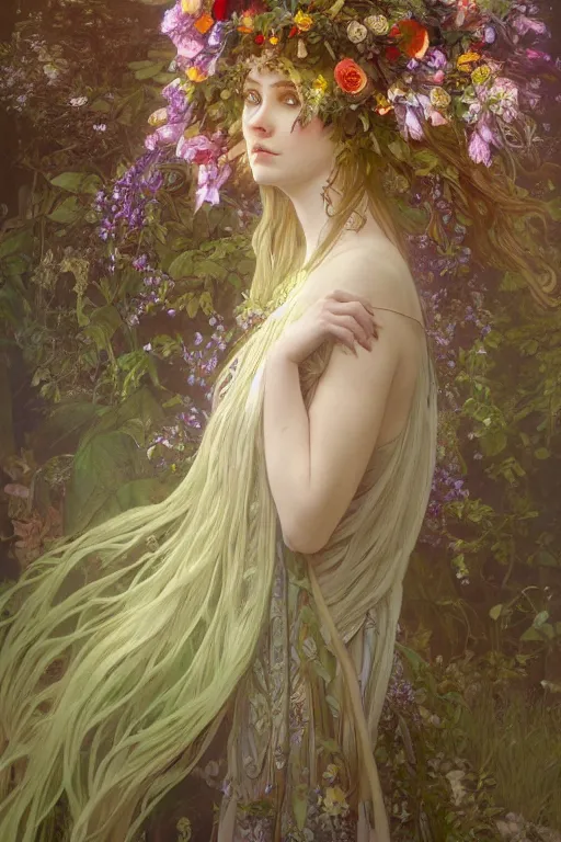 Prompt: a beautiful female forest druid wearing a head dress of flowers and a flowing dress surrounded by light in a heavenly forest realm, full body shot, video game concept art, alphonse mucha, james gurney, greg rutkowski, vivid colour, fine detail, dramatic lighting, beautiful