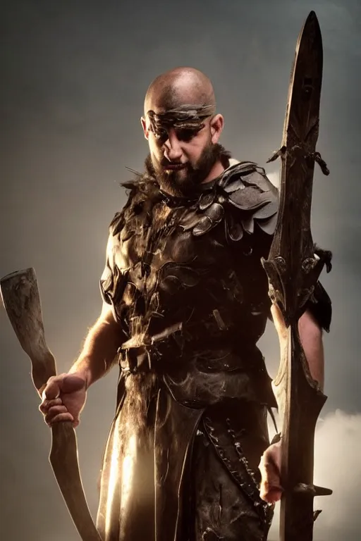 Image similar to Travis Willingham is a Goliath Barbarian, wielding a battleaxe, realistic cinematic shot, , subtle fog and mood lighting