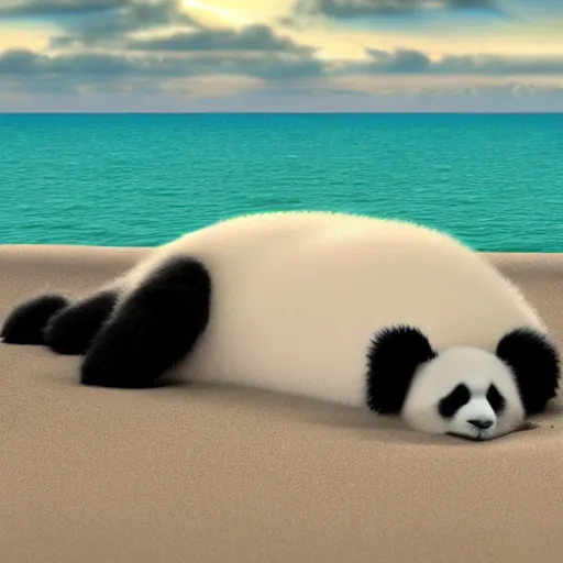 Image similar to 3 d render of a fluffy panda sunbathing on a beach,