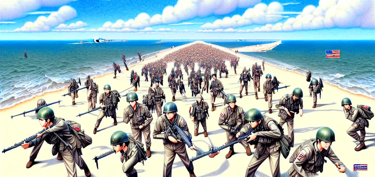 Prompt: richly detailed colored pencil 3D illustration of the battle of Omaha Beach, art by Range Murata and Artgerm.