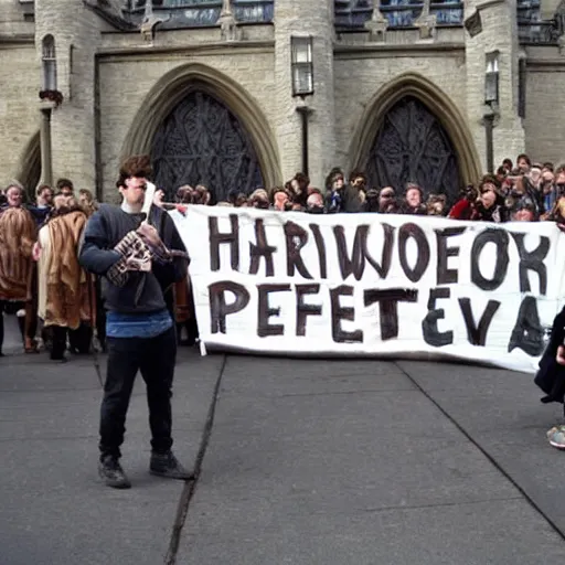 Image similar to Harry Potter protesting in front of Hogwarts