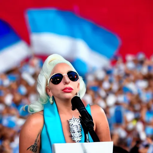 Image similar to Lady Gaga as president, Argentina presidential rally, Argentine flags behind, bokeh, giving a speech, detailed face, Argentina