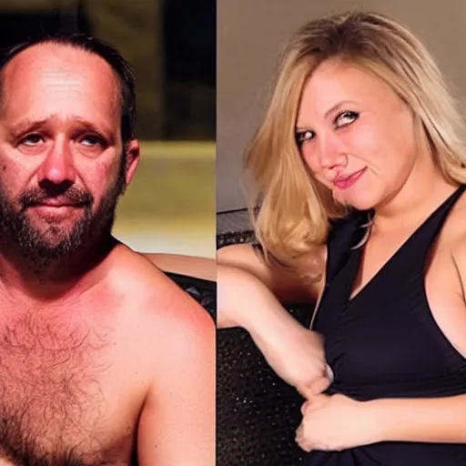 Image similar to photo of a 4 0 year old man that looks old for his age dating a very ugly 2 2 year old woman wearing a bikini. they are at a high end club.
