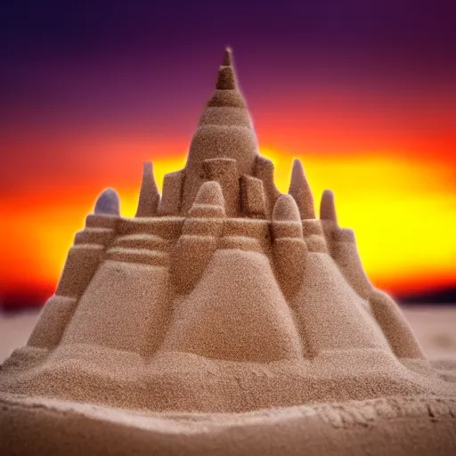 Prompt: gigantic sandcastle contains human crowd, tiltshift, coronation of the sand queen, sunset