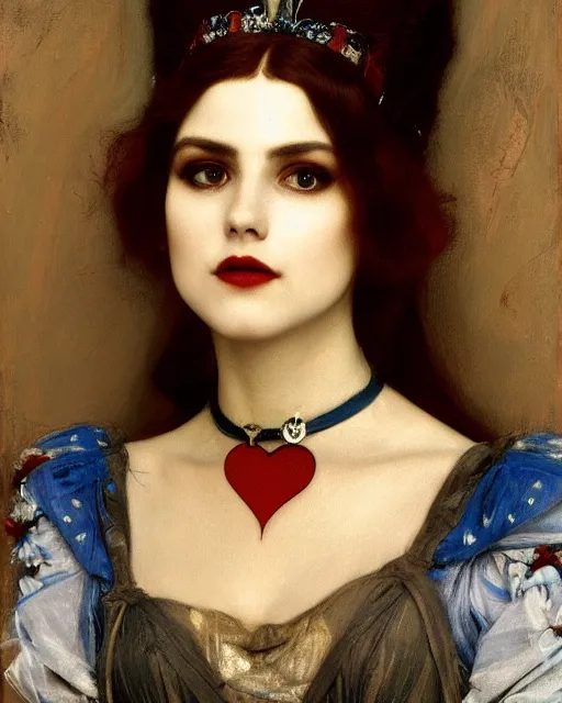 Image similar to 'queen of hearts' from 'alice in wonderland', intricate portrait by john william waterhouse and Edwin Longsden Long and Theodore Ralli and Henryk Siemiradzki, very coherent symmetrical artwork. Cinematic, hyper realism, high detail 8k