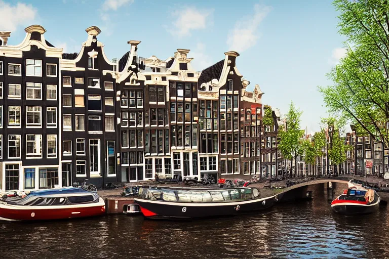 Image similar to view of houses in amsterdam, with water and boats, photography, 3 5 mm, hyper realistic, 8 k, unreal engine