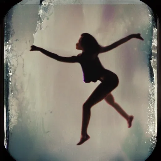 Image similar to polaroid of a surreal artsy dream scene, girl, dancing, double exposure