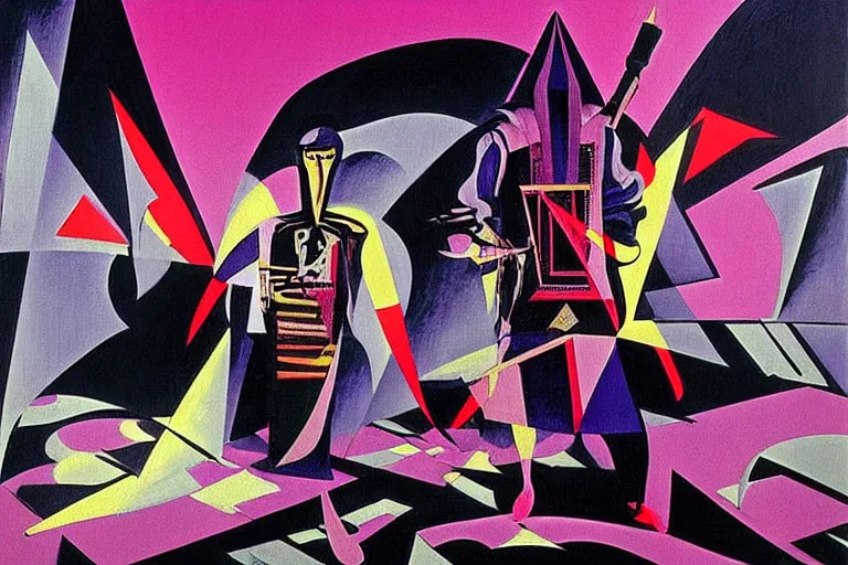 Prompt: a beautiful masterpiece painting of the technomancer wizard in dazzle camouflage robes with pointed hoods and his ai djinn performing psychic television on a crt tv by remedios varo and anato finnstark and greg rutkowski and andy warhol and francis picabia, dayglo pink, dayglo blue, dazzle camouflage, glowing, pearlescent white, raven black