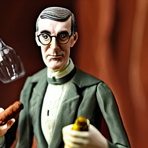 Prompt: detailed jacob rees - mogg action figure, holding wine bottle, smoking a cigar, 5 0 mm photograph