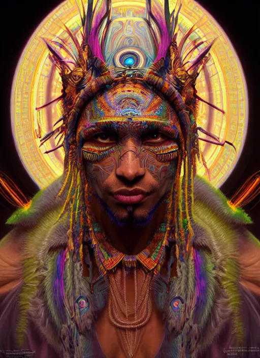 Prompt: hyper detailed ultra sharp of a wise tribal shaman trance man. trending on artstation, warpaint aesthetic, earthwave, colorful, psychedelic, ornate, intricate, digital painting, concept art, smooth, sharp focus, illustration, art by artgerm and greg rutkowski and alphonse mucha, 8 k