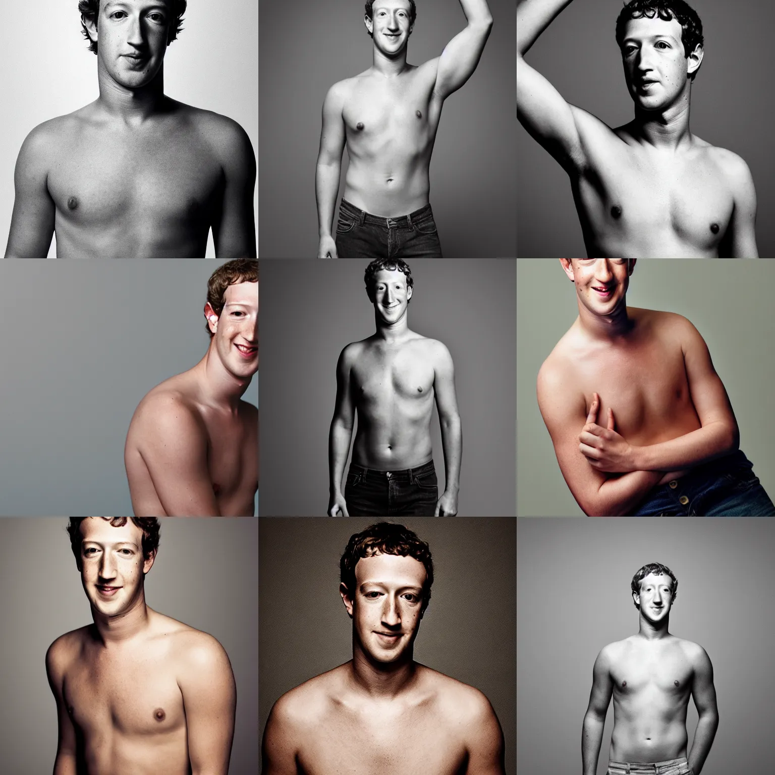 Prompt: Photo of Mark Zuckerberg with pierced nipples, soft studio lighting, photo taken by Anne Liebovitz for Abercrombie and Fitch, award-winning photograph, Sigma art lens