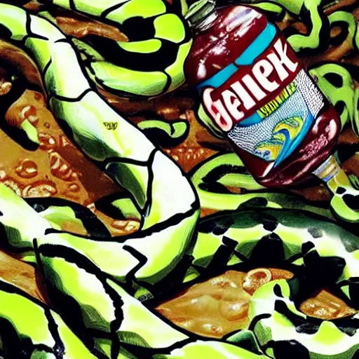 Prompt: Gatorade, snakes swimming inside a sports drink, tiny snakes slithering, dont drink this