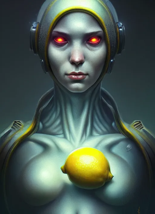 Image similar to anthromorphic lemon cyborg, diffuse lighting, fantasy, highly detailed, photorealistic, digital painting, artstation, illustration, concept art, smooth, sharp focus, in the style of tom bagshaw