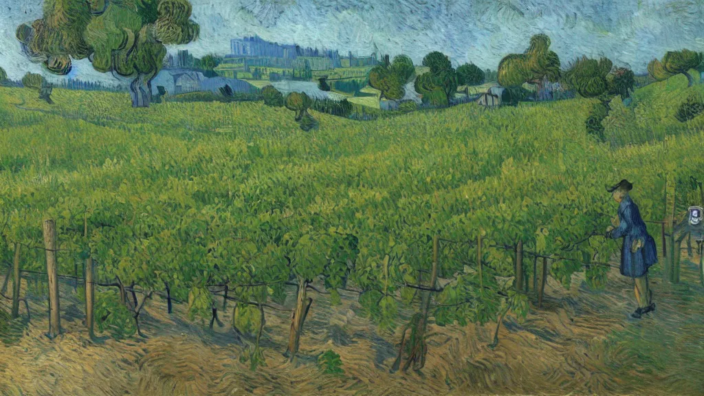 Prompt: trending on artstation, an idyllic vineyard, oil on canvas, matte painting, in the style of Vincent van Gogh