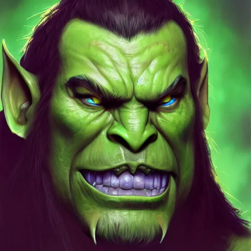 Image similar to Portrait of a Green Angry Orc from Warcraft, high fantasy, matte painting, trending on artstation, artstationHD, artstationHQ