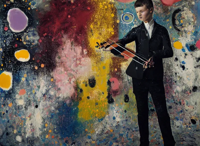 Prompt: portrait of a young violinist with violin focusing, painted by vincent lefevre and hernan bas and pat steir and hilma af klint, psychological, symmetrical face, dripping paint, washy brush, background with hundreds of bubbles of memories by andreas gursky, rendered in octane, altermodern, masterpiece