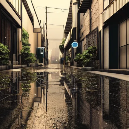 Image similar to still photo of rain puddles and reflections in a japanese street, cloudy weather, highly detailed, photorealistic shot, bright studio setting, studio lighting, crisp quality and light reflections, unreal engine 5 quality render