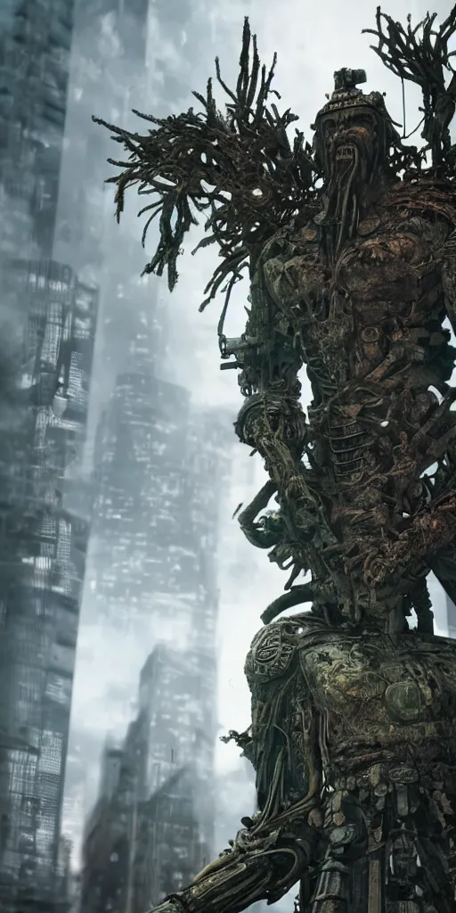 Prompt: a giant samurai statue standing in a cyberpunk city, highly detailed green leaves, nature taking back, decayed, cyberpunk, dark fantasy, photorealism, unreal engine, purple hue, sci-fi, by H.R. Giger