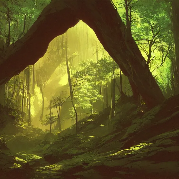 Prompt: mysterious cave entrance in dense forest, light coming through, night, beautiful, highlt detailed, by syd mead