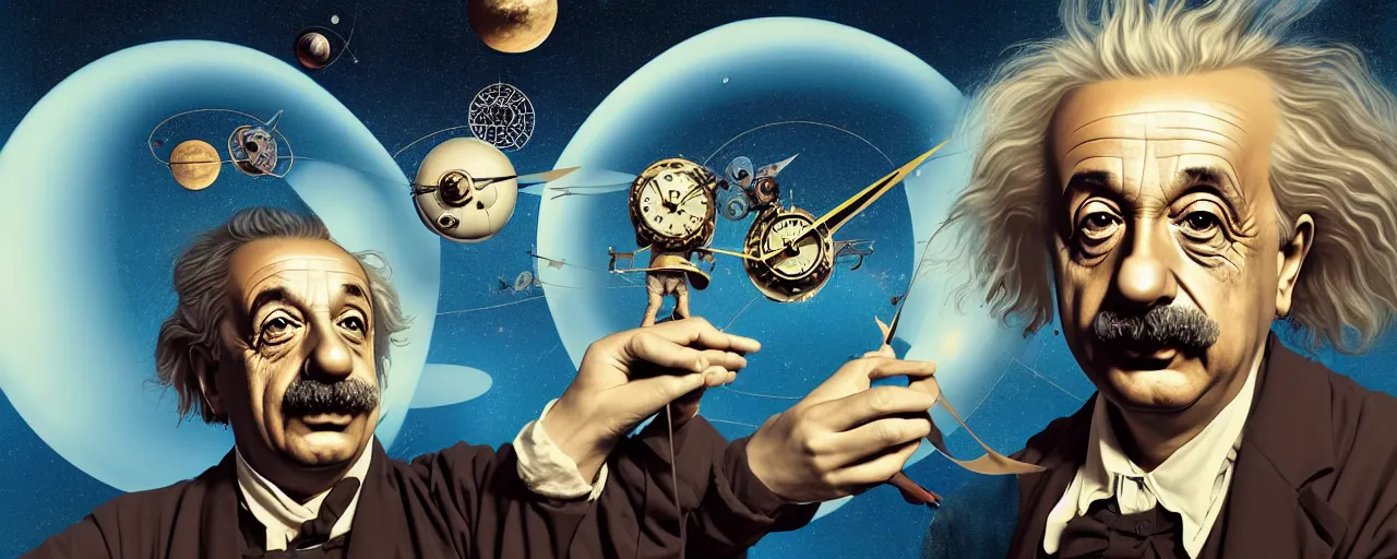 Image similar to duotone surreal illustration 3 / 4 portrait of albert einstein measuring time on salvadore dali clock in outer space. golden ratio accidental renaissance. by sachin teng and sergey kolesov and ruan jia and heng z. graffiti art, scifi, fantasy, hyper detailed. octane render. concept art. trending on artstation