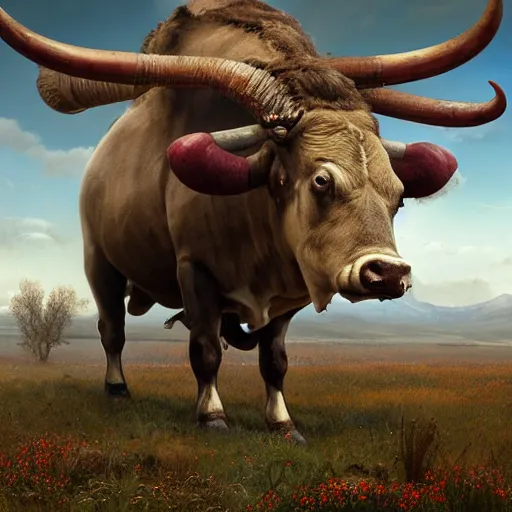 Image similar to a medium shot of a giant bull with horns decorated!!! with bells and ribbons, background is the ruins, in the steppe, autumn field, misty background, from the game pathologic 2, highly detailed, sharp focus, matte painting, by rosa bonheur, by isaac levitan and asher brown durand,