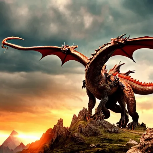 Image similar to giant dragon standing on a mountain, highly detailed, 4 k, hdr, award - winning, directed by zack snyder