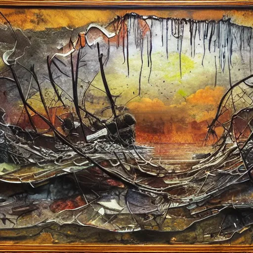 Image similar to flooded misery. mixed media display, private collection. epic artwork.