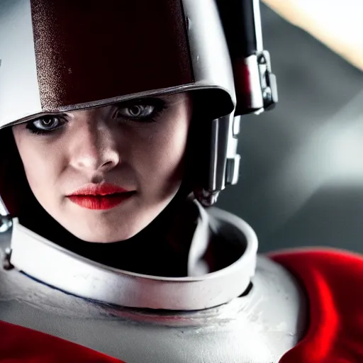 Image similar to headshot of a beautiful female soldier in glossy sleek white armor and a long red cape, looking up at camera, determined expression, no helmet, on the surface of mars, night time, cinematic, sci-fi, hyperrealistic