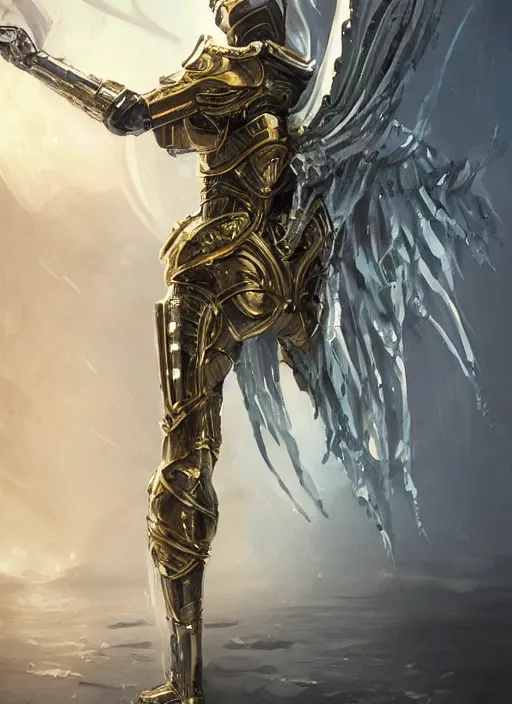 Image similar to knight with angel vibe in heavy gold and white armor, full body silhouette. dark water, tentacles, cyberpunk pearl armor, futuristic fantasy, highly detailed, digital painting, trending on artstation, concept art, sharp focus, illustration, art by artgerm and nixeu and greg rutkowski and magali villeneuve.