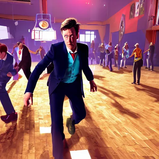 Prompt: the tenth Doctor Who at a polka dancing contest at the YMCA basketball gym, everyone in the background clapping including a Dalek, in the background the Tardis door is open, cgsociety, artstation, UE5, 8K, 4K, HQ, high energy, swing