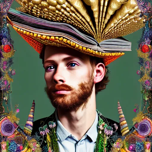 Prompt: HD 8x hyperdetailed illustrated collage portrait of a man with a maximalist hyperrealistic huge hat made of mixed media jewel plants, reading an elaborate book. flamish baroque solarpunk elements. matte background in pastel tones.