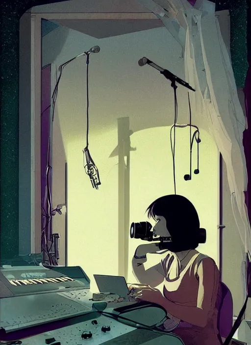 Image similar to poster artwork by Michael Whelan, Bob Larkin and Tomer Hanuka, Karol Bak of musical hero Bjork, sitting at her laptop, recording a new song, simple illustration, domestic, nostalgic, from scene from ghibli, clean