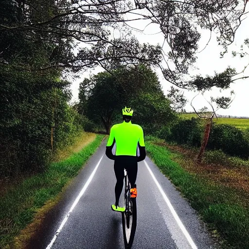 Prompt: “a middle aged man in Lycra cycling gear wearing a day-glo cycling helmet walking along a country road in the rain with a bent bicycle wheel in his hand, hyper realistic, 4K”