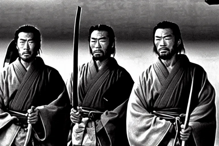 Prompt: clint eastwood and toshiro mifune as a ronin samurai brothers, in robes, in the movie seven samurai ( 1 9 5 4 ). grainy movie still, high detail