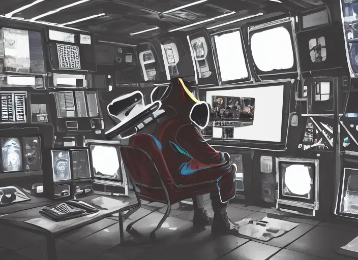 Prompt: a man sitting on a chair with things attached to his head, screens and monitors in front of him playing videos, ship interior, narrow hallway, scifi colors, dramatic lighting, dark, spotlight, surreal, by rutkowski, fuji choko