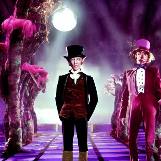 Image similar to stunning awe inspiring david bowie as willy wonka movie still 8 k hdr atmospheric lighting