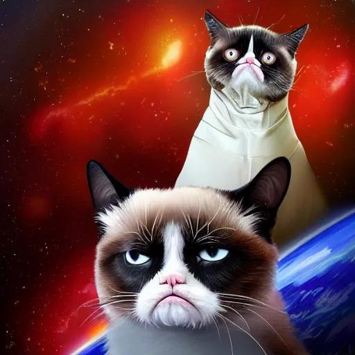 Image similar to concept art of grumpy cat's adventures in space, digital painting, trending on artstation, 4 k resolution, highly detailed