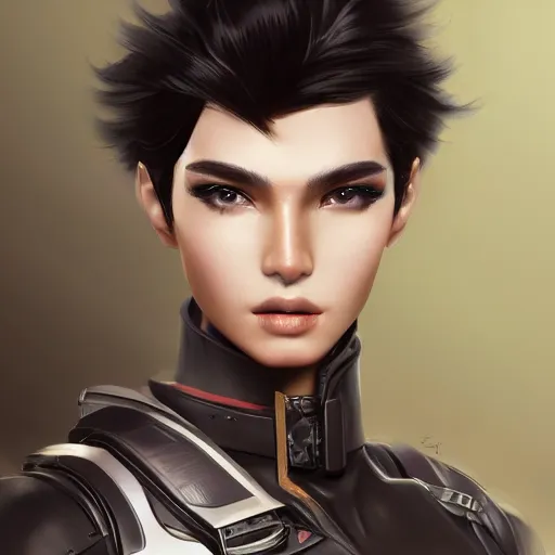 Prompt: portrait of a beautiful dark - haired androgynous space ranger, soft lightning, high detailed, detailed face, detailed eyes, intricate, smooth, sharp focus, high contrast, dramatic lighting, artstation, art by sora kim,