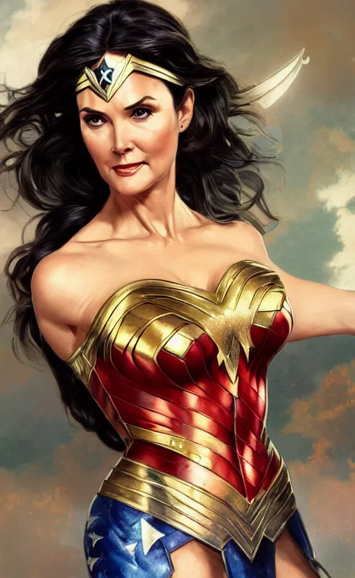 Prompt: portrait of Lynda Carter as wonder woman , tv show by Stanley Artgerm Lau , greg rutkowski, thomas kindkade, alphonse mucha, loish, norman rockwell. Trending on artstation rule of thirds detailed illustration hd 4k