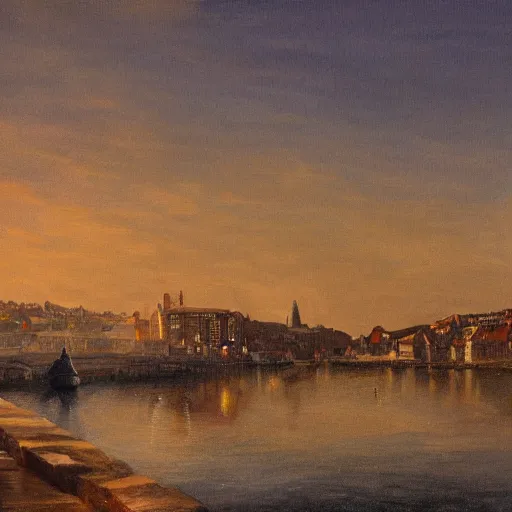 Prompt: painting of whitby in winter, at dusk, includes the harbor, photo realism, volumetric lighting