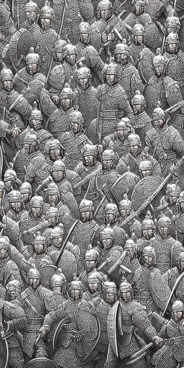 Image similar to detailed photorealistic ancient han chinese warriors soldiers army ⚔ 🪖 ⛩ with traditional chinese engravings and ornamentation on armour and weapons, and shining metallic 3 d surfaces, mandarin calligraphy, damask pattern, wide angle, 3 d